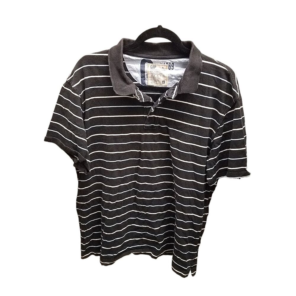 GAP Mens Sz XL Black White Striped Short Sleeve Polo Shirt